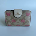 Coach Medium Corner Zip Wallet Khaki Pink Heart Signature Canvas Excellent