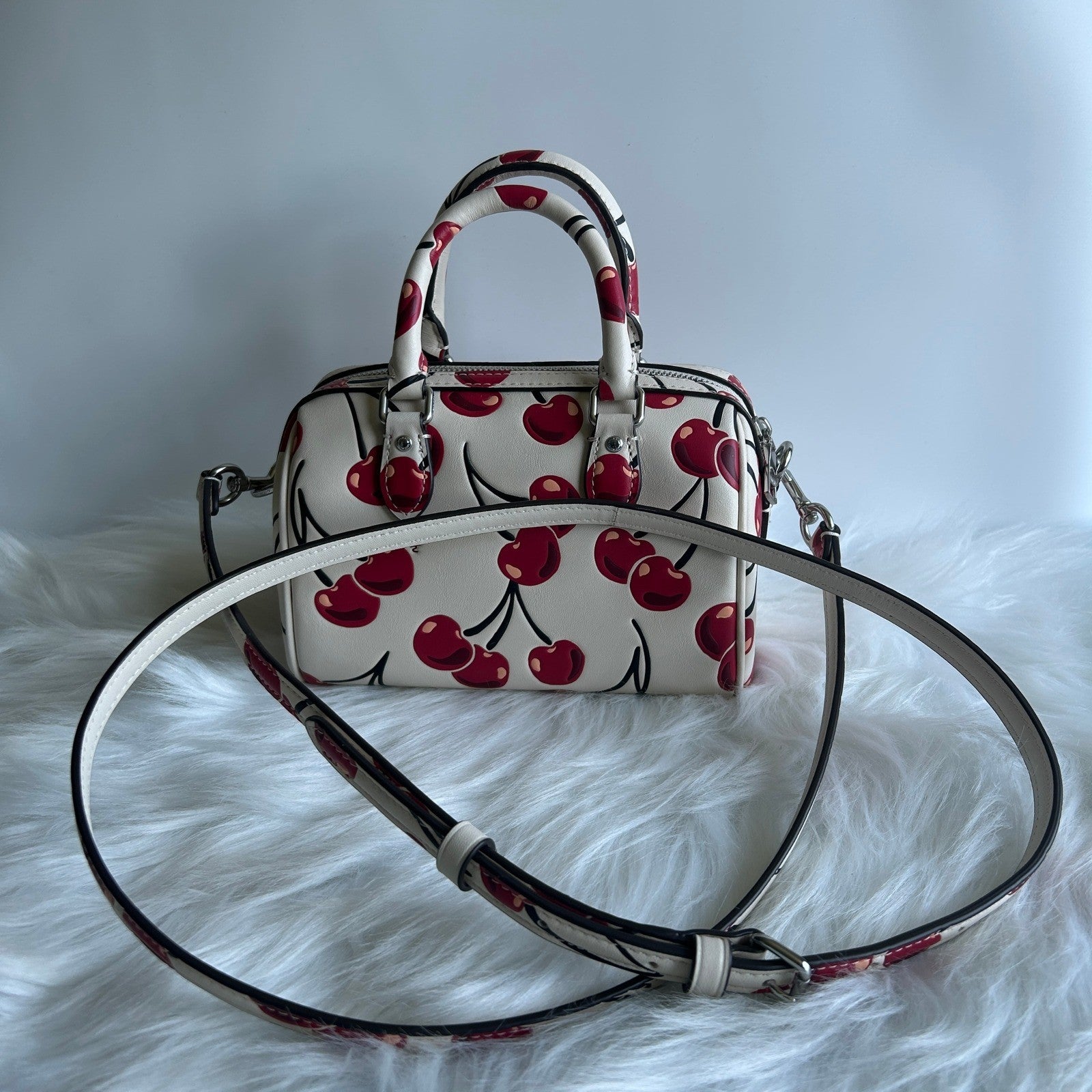 Coach Mini Rowan Satchel Chalk White Cherry Print Leather Crossbody Excellent