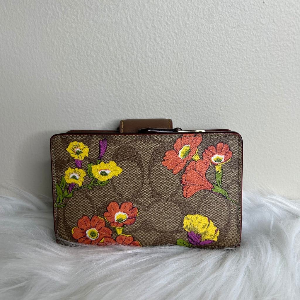 Coach Medium Corner Zip Wallet Brown Wildflower Signature Canvas Excellent