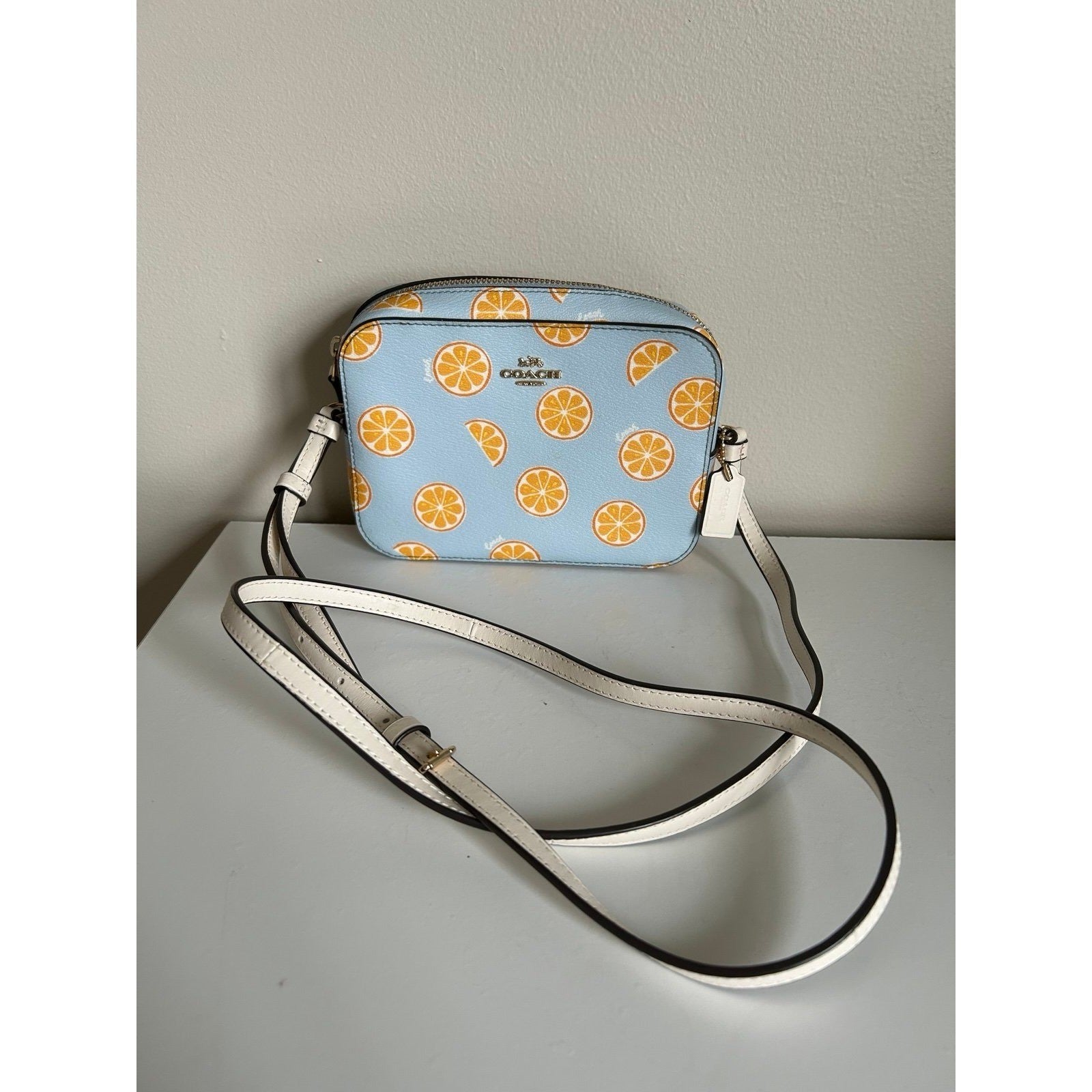 Coach Mini Jamie Camera Bag Light Blue Orange Fruit Print Crossbody C8719