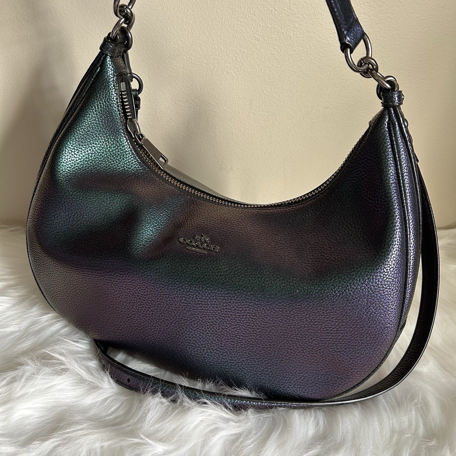 Coach Harley Iridescent Green Purple Pebbled Leather Shoulder Bag Excellent
