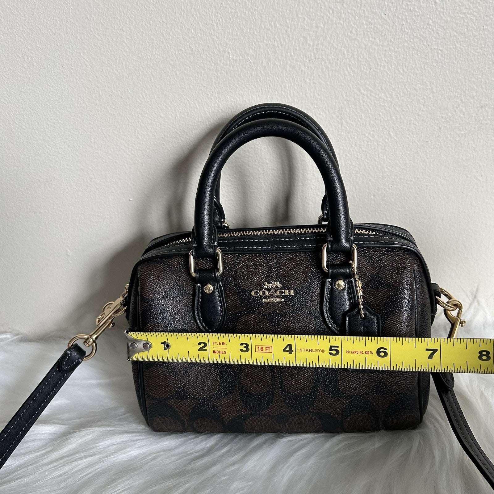 Coach Mini Rowan Brown Black Signature Canvas Leather Satchel Bag Excellent