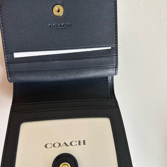 Coach Horse and Carriage Dot Print Small Snap Wallet Denim Blue Gold Hardware