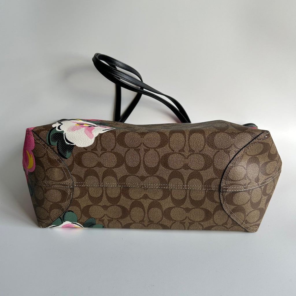 Coach City Tote Brown Vintage Rose Signature Canvas Leather Bag Good