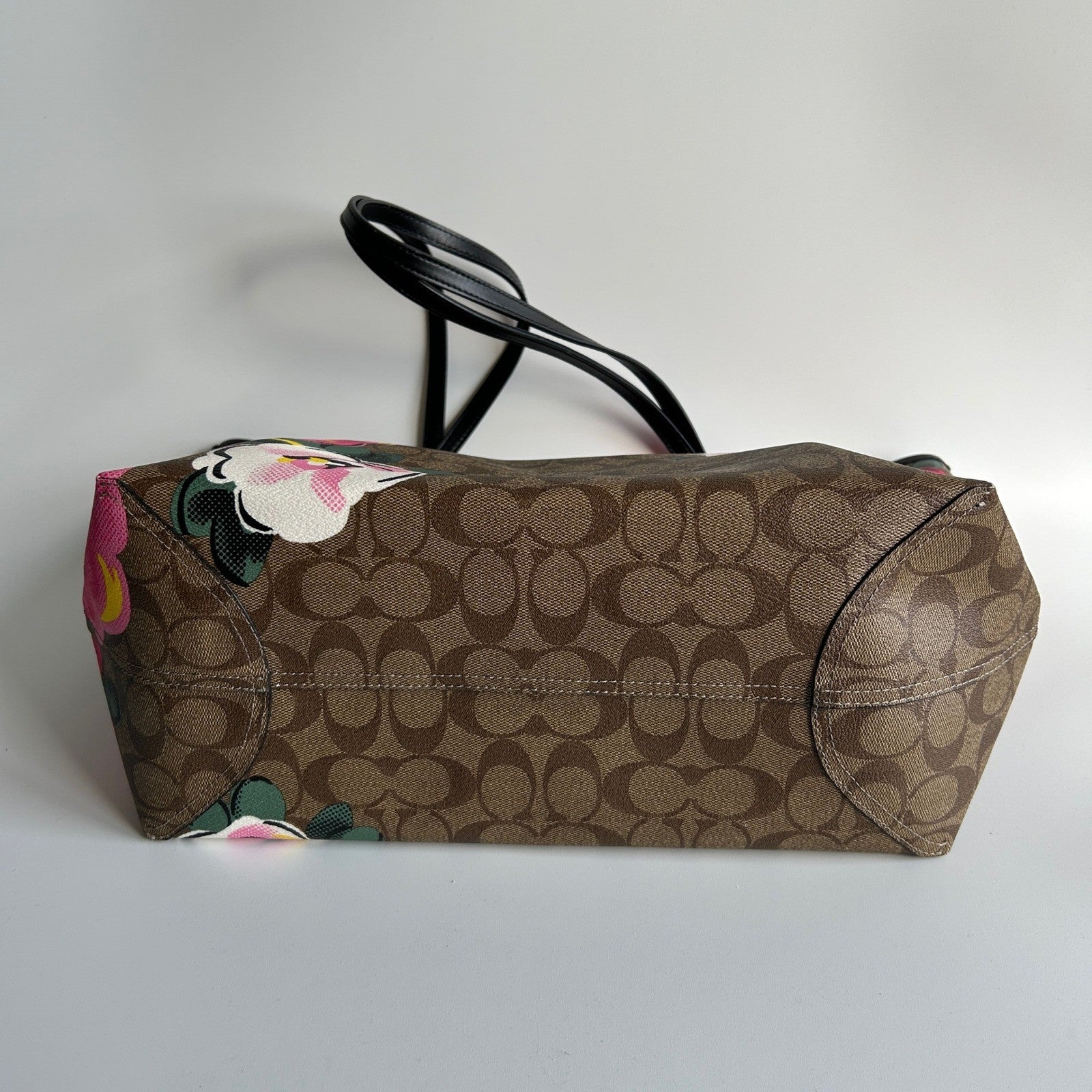 Coach City Tote Brown Vintage Rose Signature Canvas Leather Bag Good