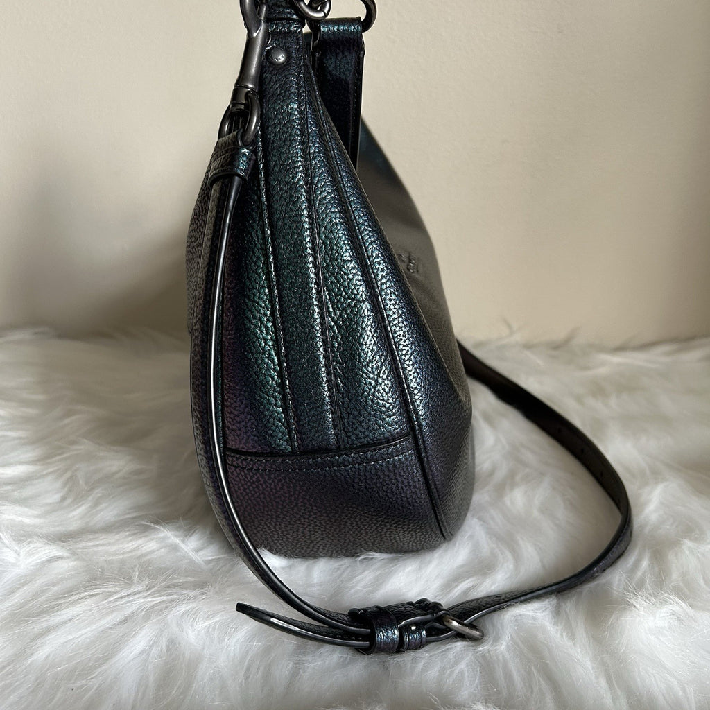Coach Harley Iridescent Green Purple Pebbled Leather Shoulder Bag Excellent