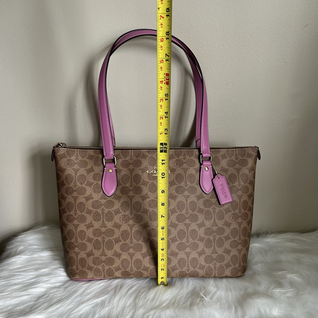 Coach Gallery Tote Khaki Fuchsia Signature Canvas Leather Bag NEW