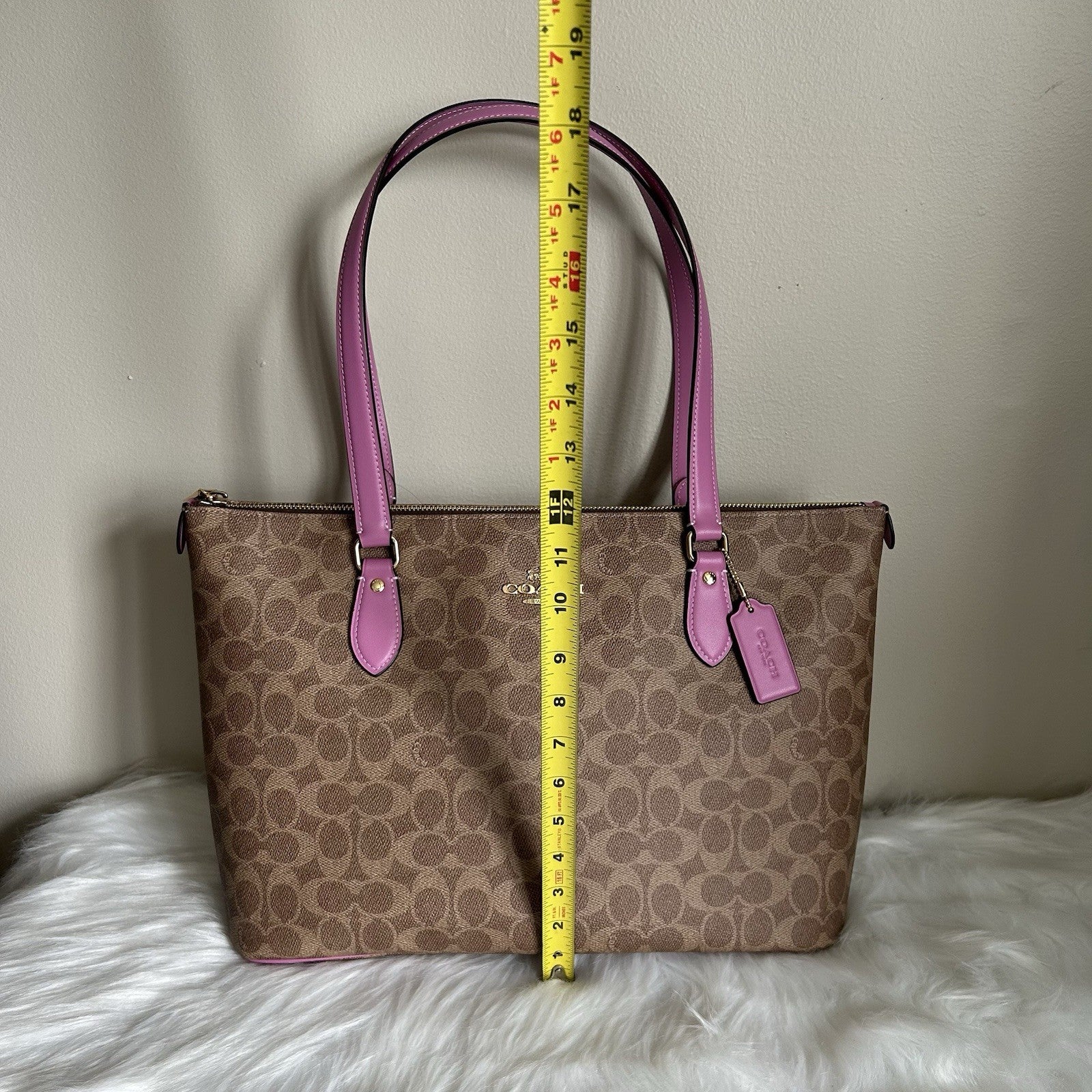 Coach Gallery Tote Khaki Fuchsia Signature Canvas Leather Bag NEW