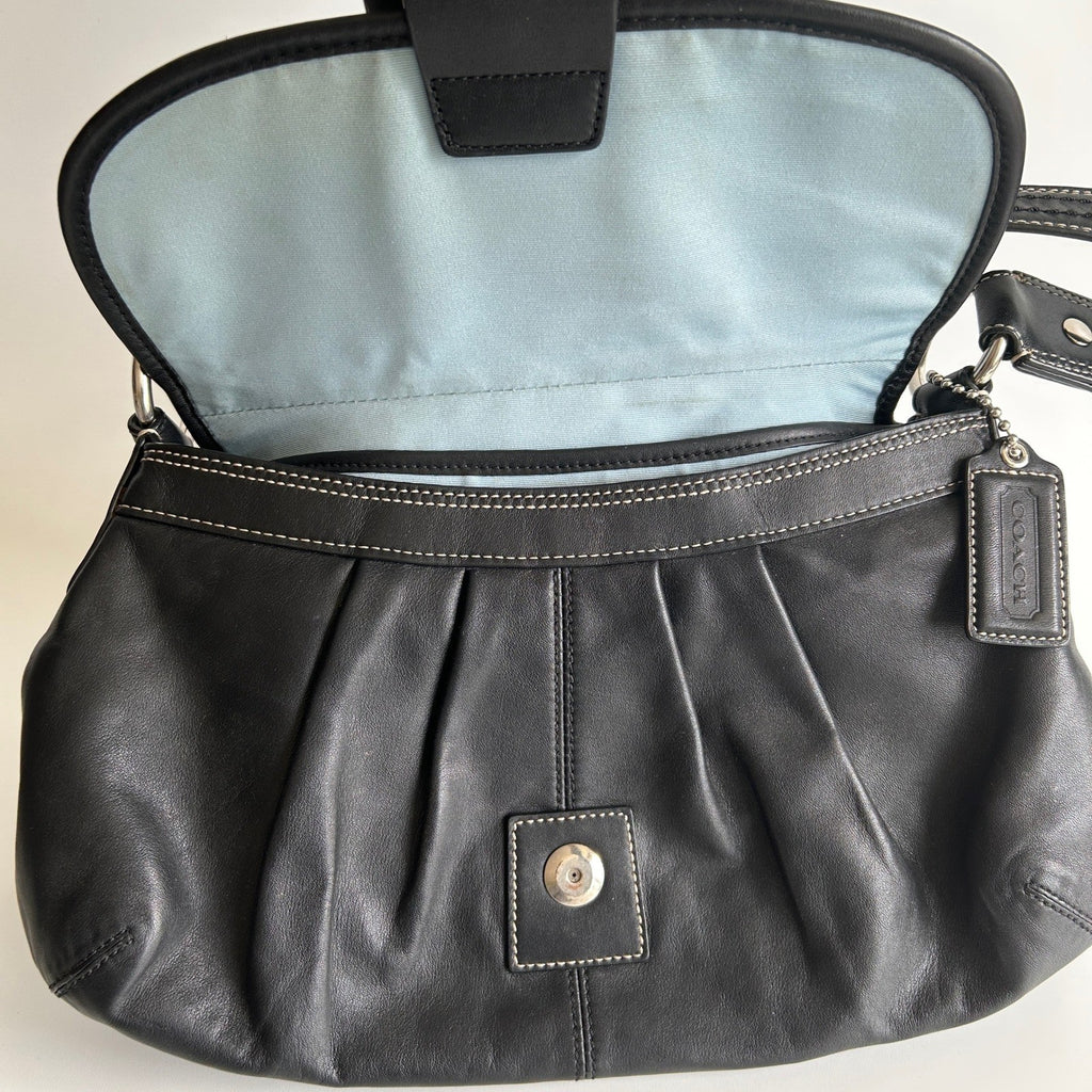 Coach Pleated Flap Black Leather Shoulder Bag F15204 Excellent