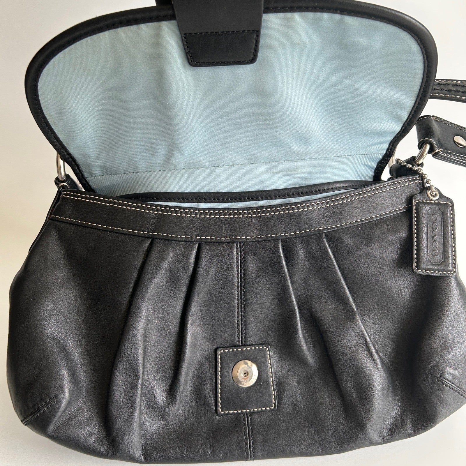 Coach Pleated Flap Black Leather Shoulder Bag F15204 Excellent