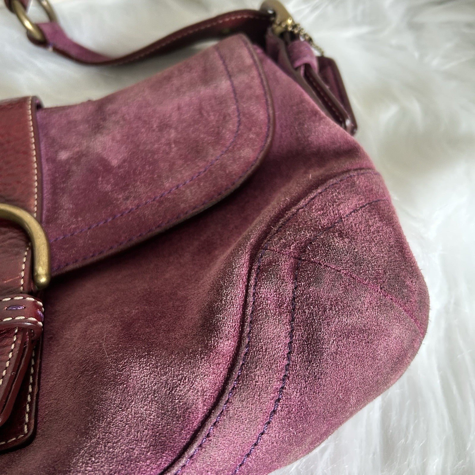 Coach Soho Plum Purple Suede Leather Buckle Flap Shoulder Bag 9688 Good