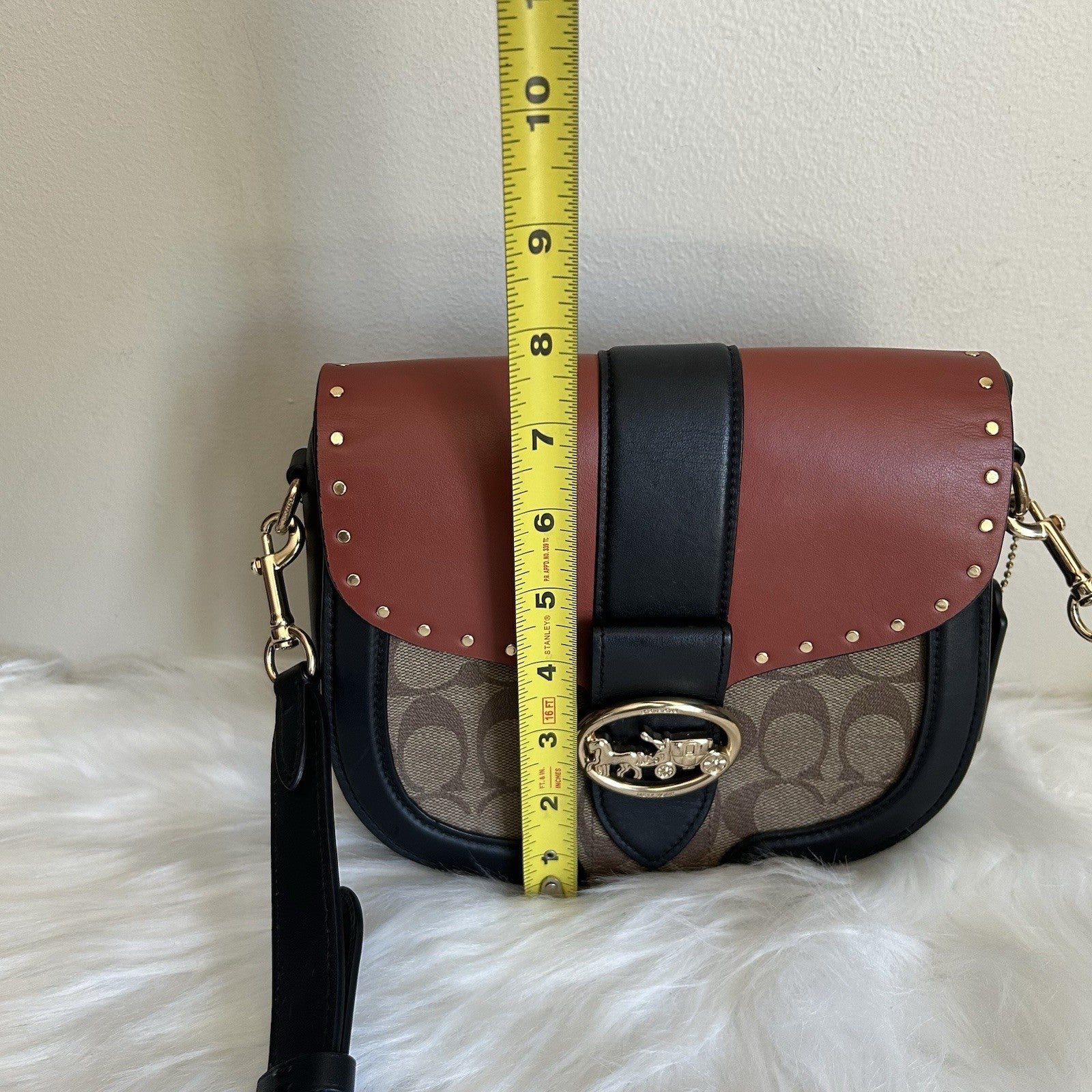 Coach Georgie Saddle Bag Brown Black Signature Canvas Leather Excellent