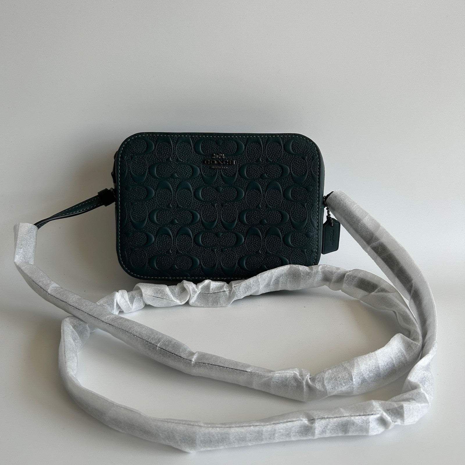 Coach Mini Jamie Forest Green Signature Debossed Leather Camera Bag NEW