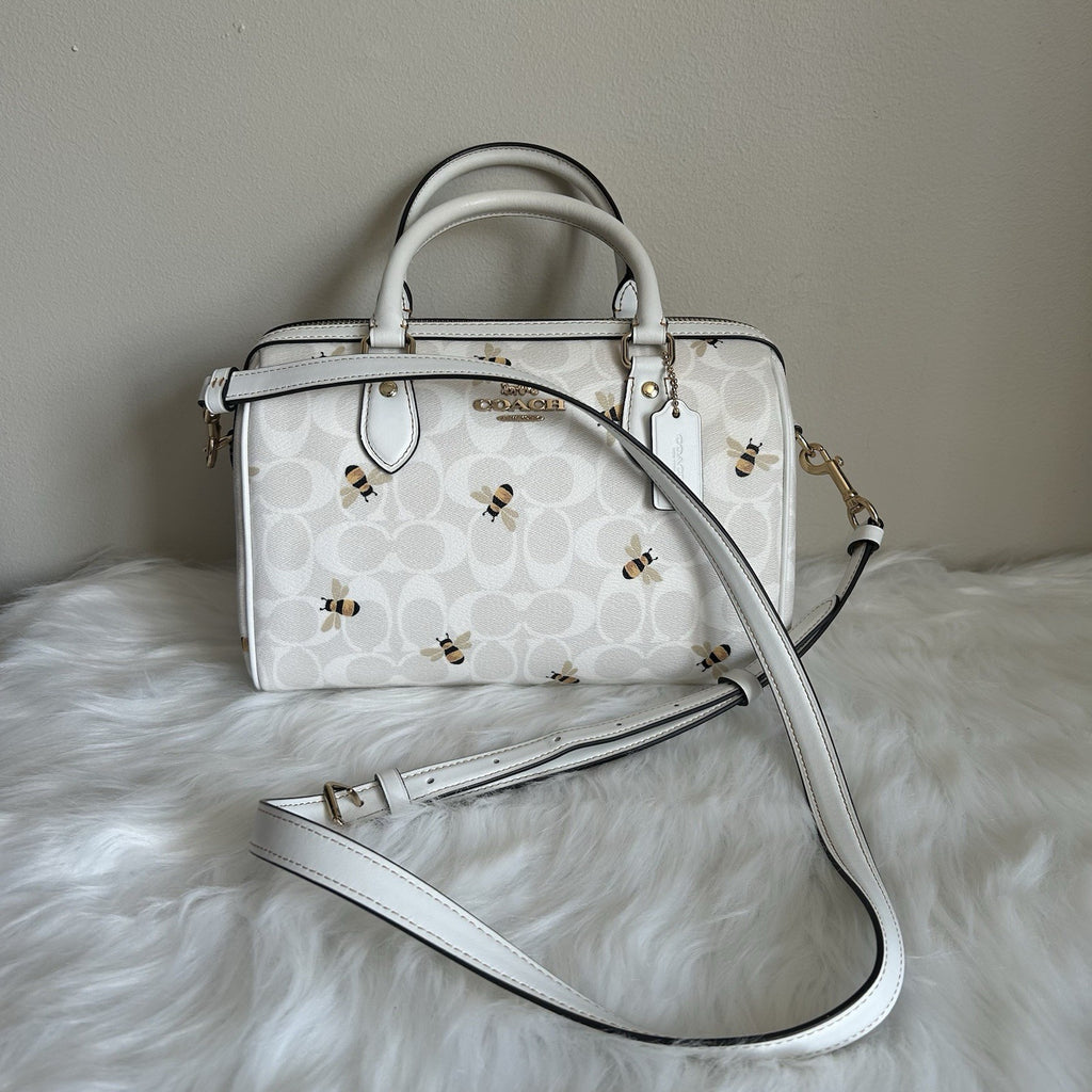 Coach Rowan Satchel Chalk White Bee Signature Canvas Leather Bag Excellent