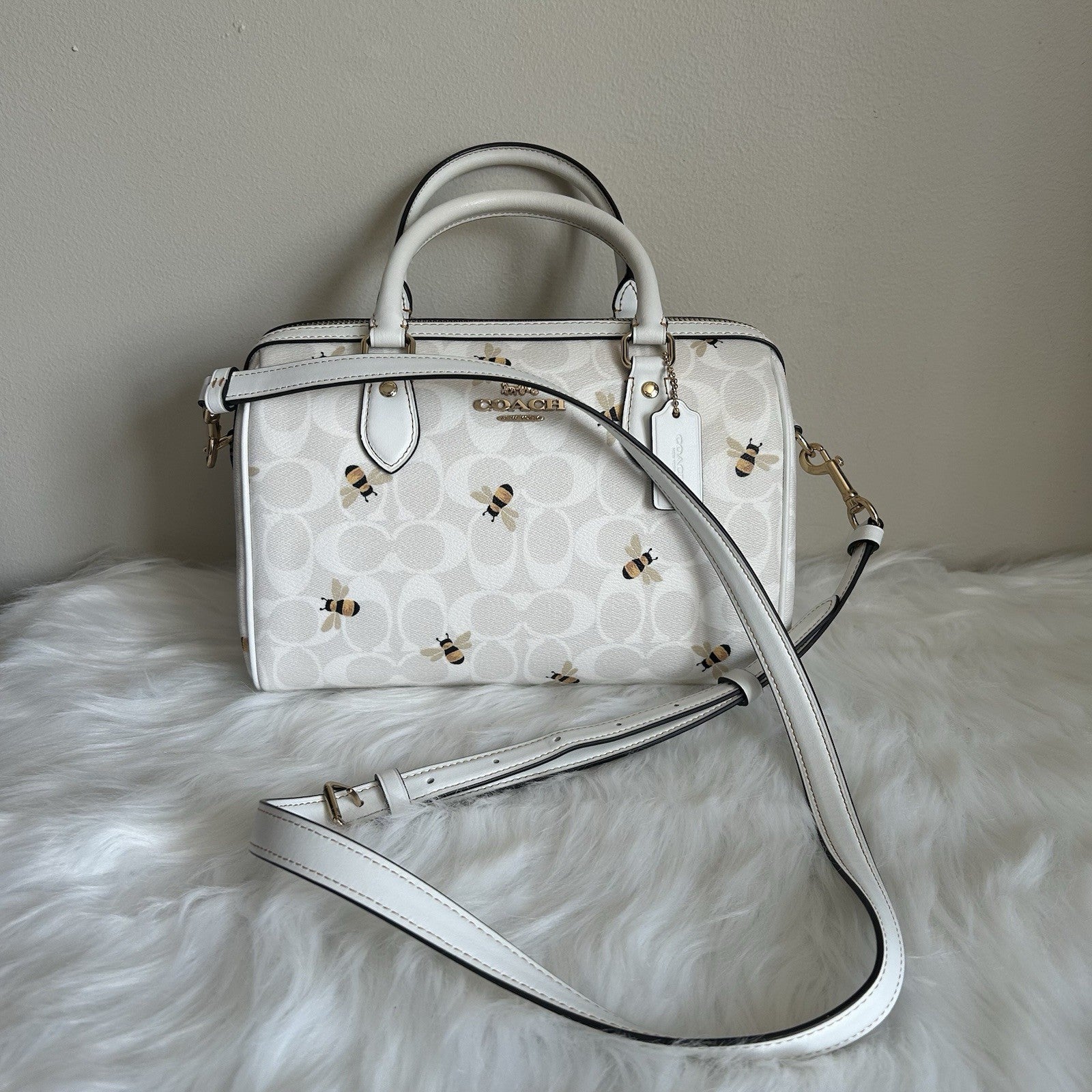 Coach Rowan Satchel Chalk White Bee Signature Canvas Leather Bag Excellent