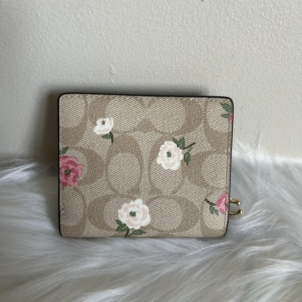 Coach Snap Wallet Khaki Chalk Floral Canvas Leather New