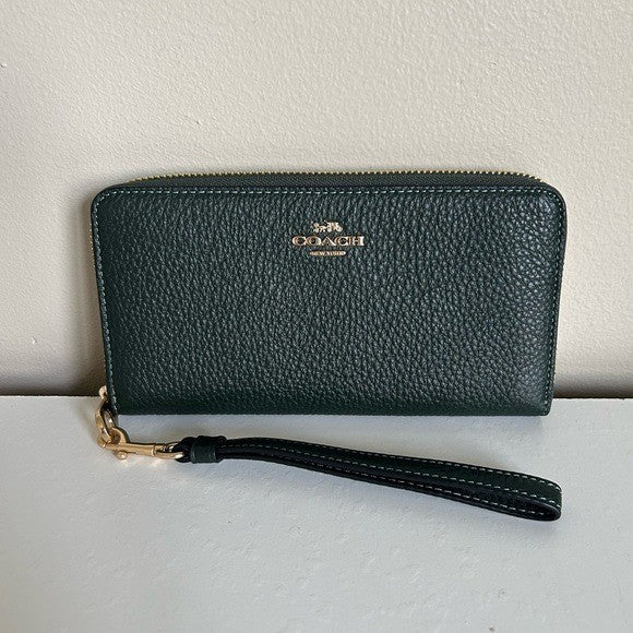 Coach Long Zip Around Wallet Dark Green Pebbled Leather Wristlet C4451