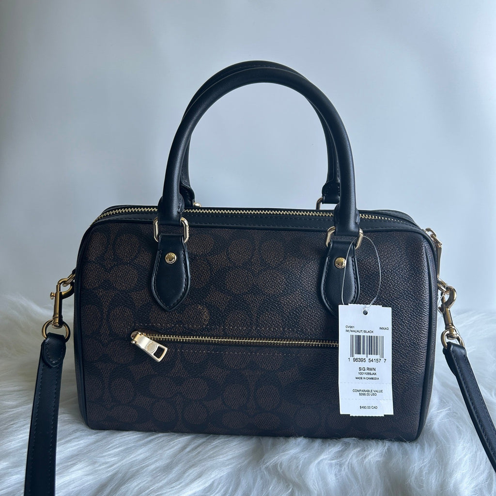 Coach Rowan Satchel Walnut Black Signature Canvas Leather Bag NEW