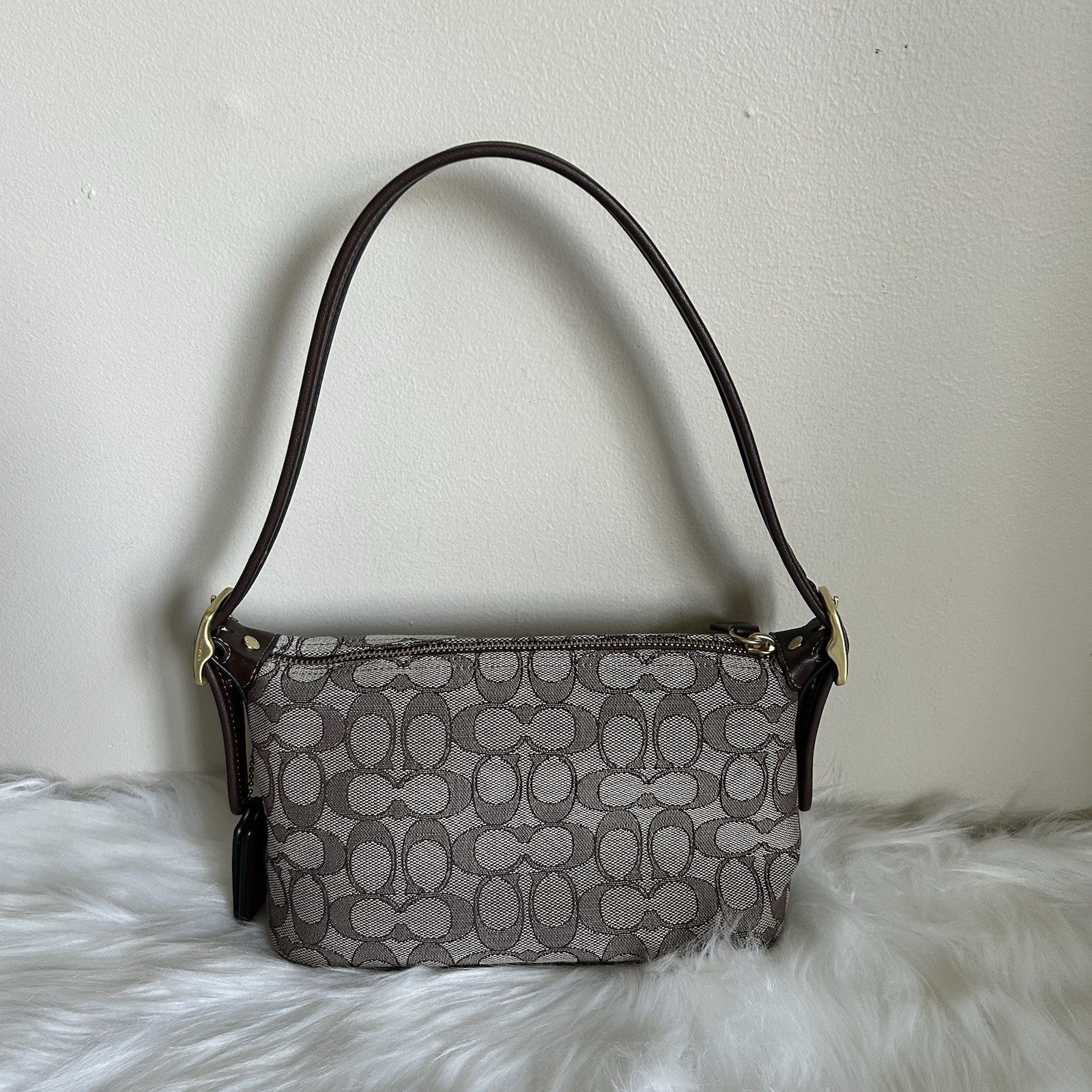 Coach Demi Bag Khaki Brown Signature Jacquard Leather Shoulder Bag Excellent