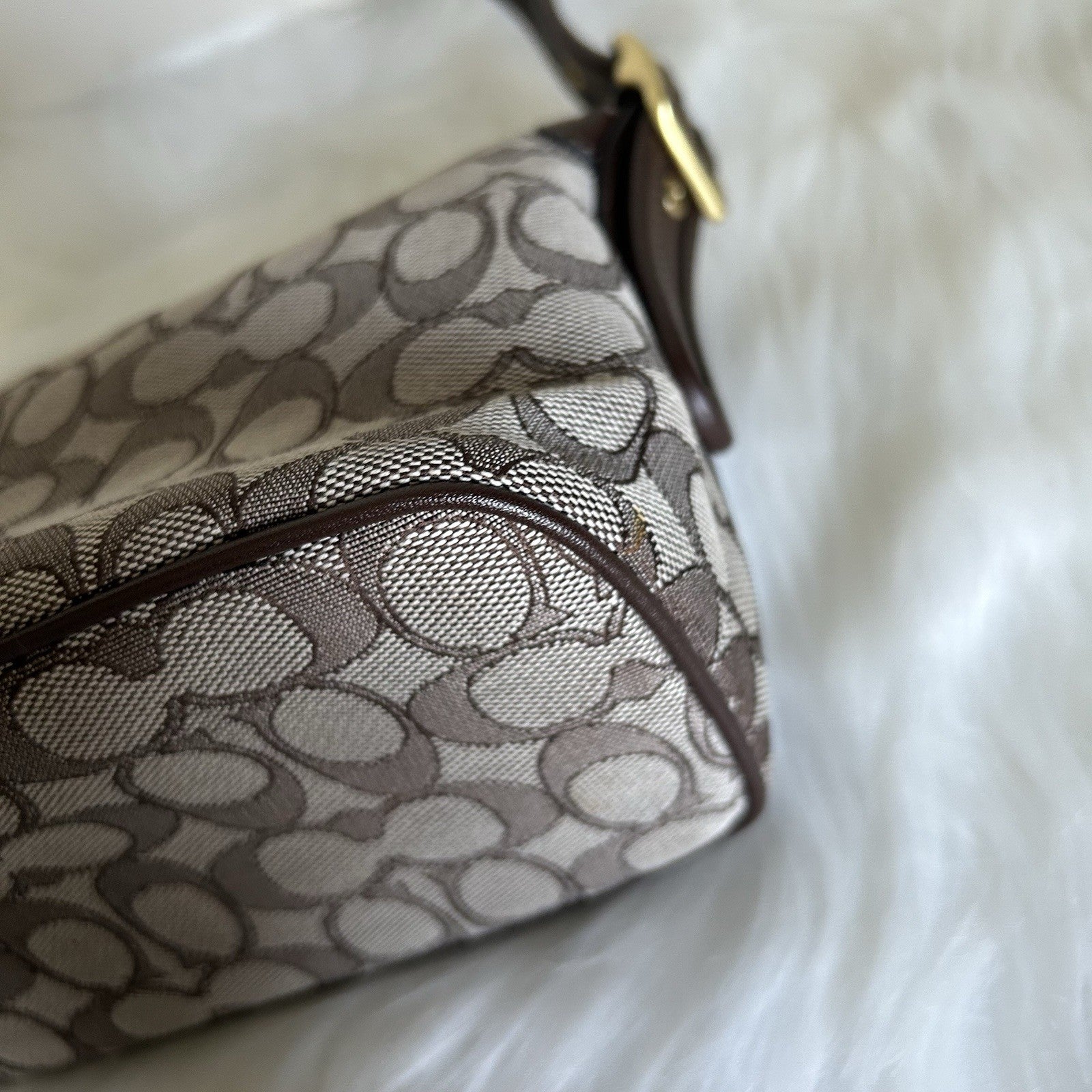 Coach Demi Bag Khaki Brown Signature Jacquard Leather Shoulder Bag Excellent