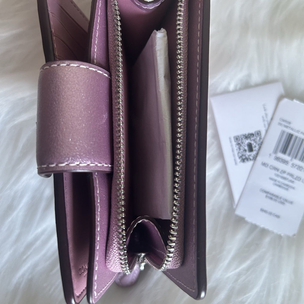 Coach Medium Corner Zip Metallic Pink Pearlized Leather Wallet CW528 NEW