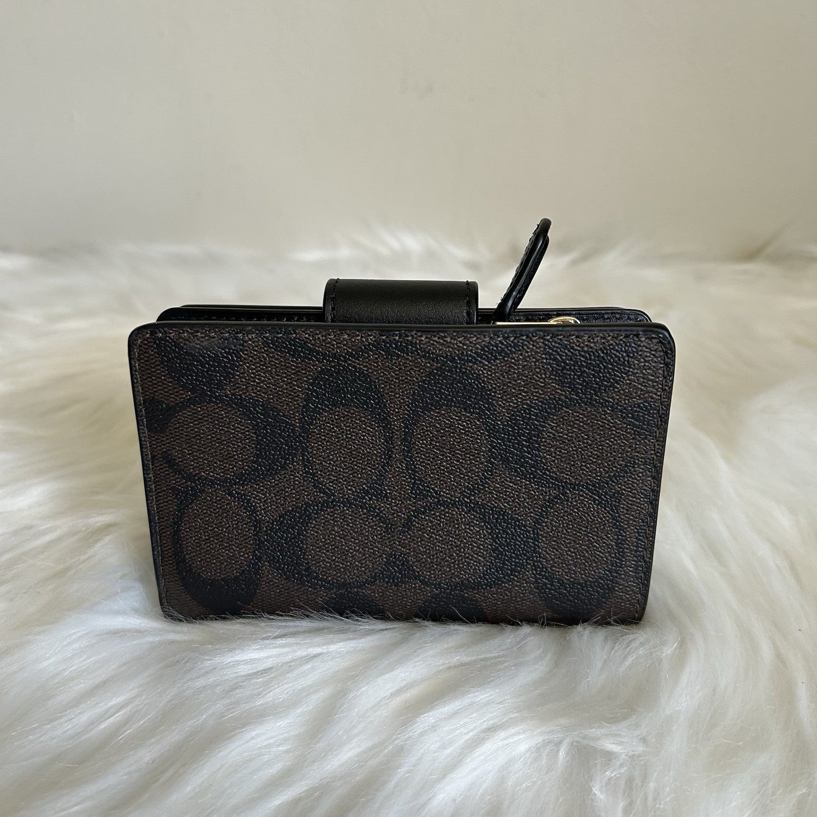 Coach Medium Corner Zip Brown Black Signature Canvas Leather Wallet Excellent