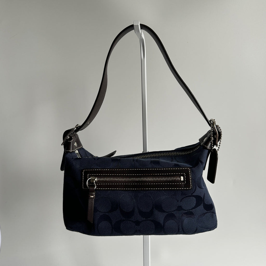 Coach Demi Bag Navy Blue Signature Canvas Leather Shoulder Bag Excellent