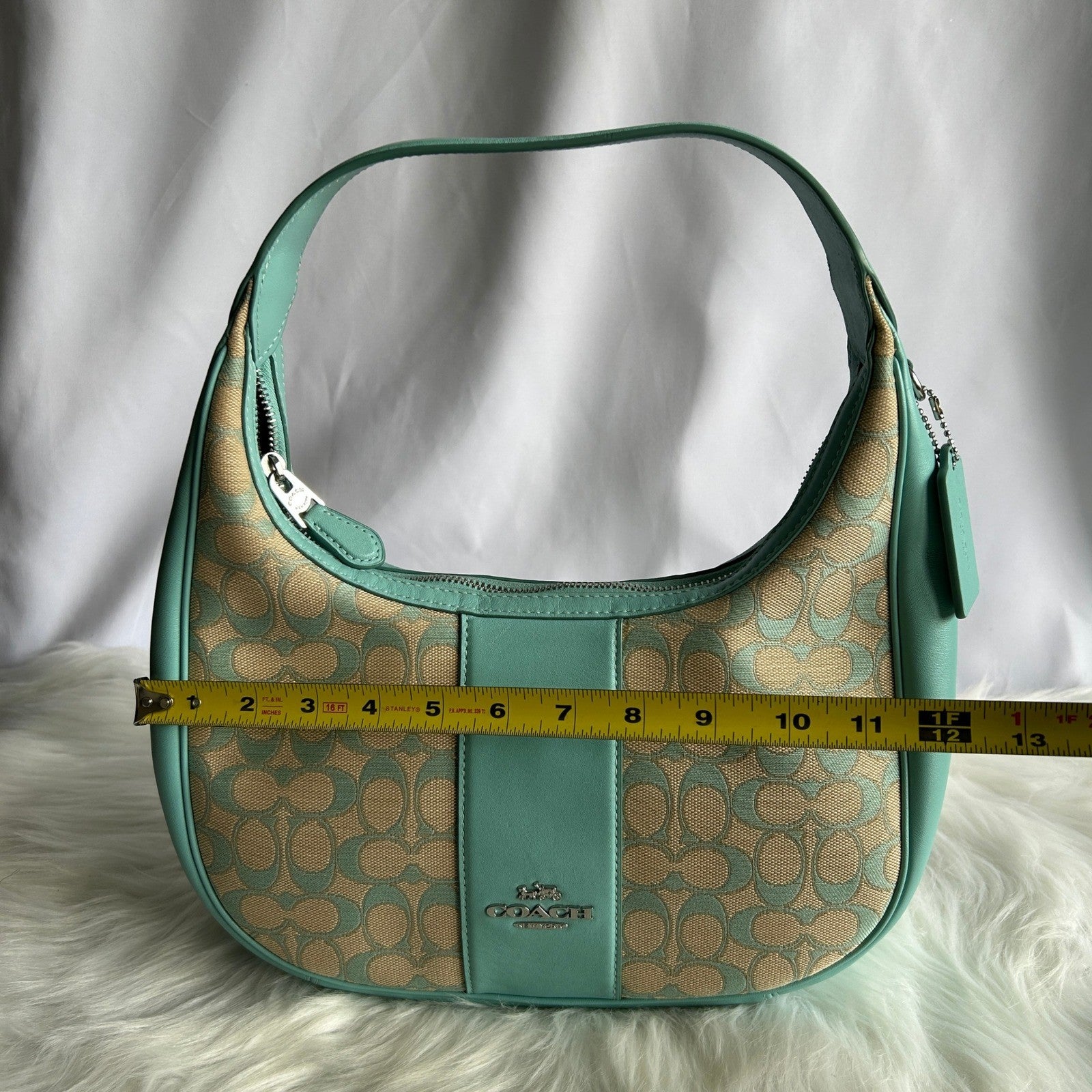 Coach Carmen Teal Khaki Signature Jacquard Leather Shoulder Bag CT765 Excellent