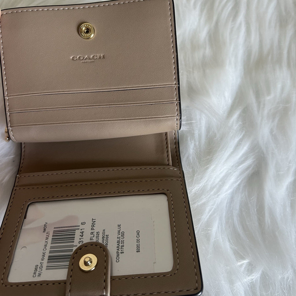 Coach Snap Wallet Khaki Chalk Floral Canvas Leather New