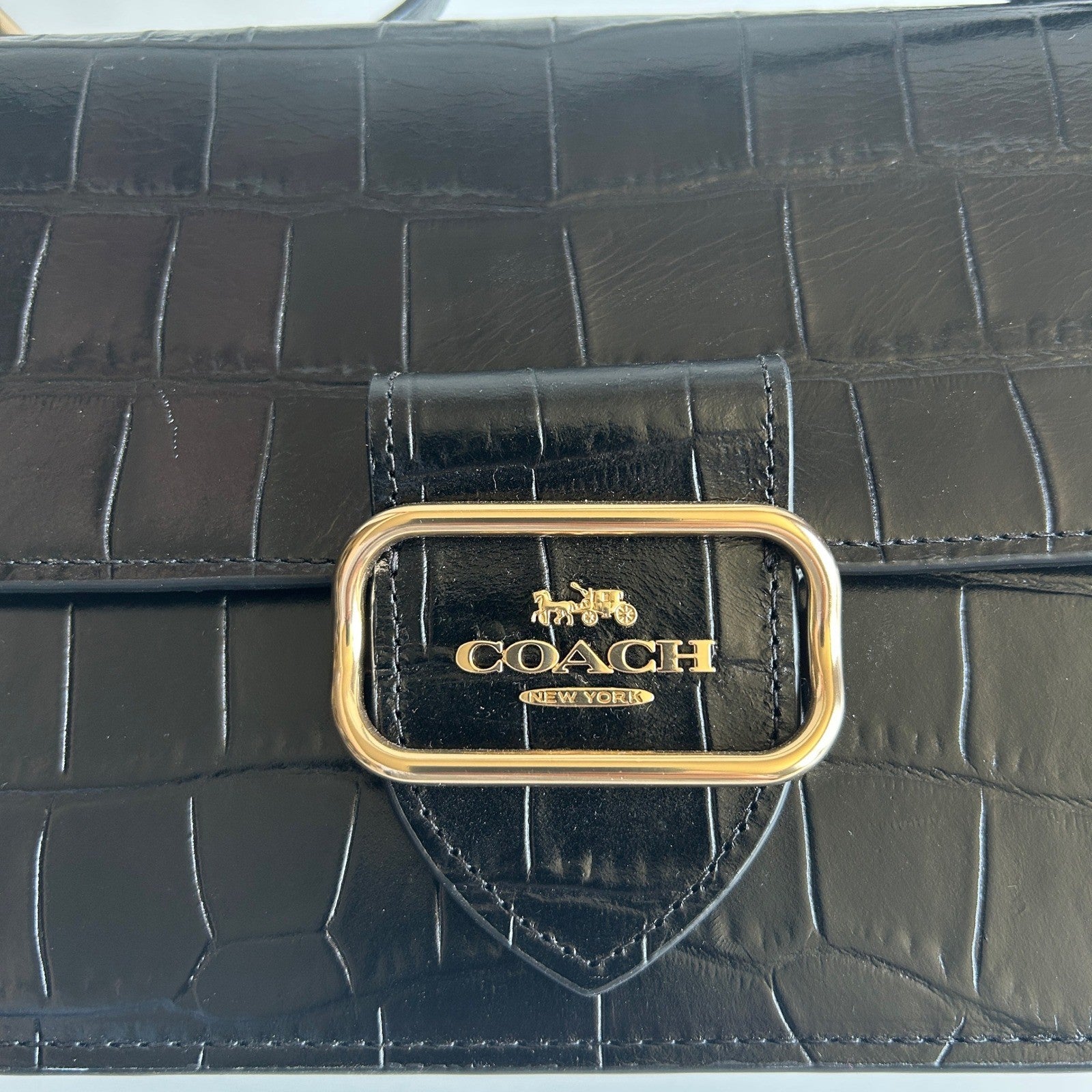 Coach Morgan Square Black Crocodile Embossed Leather Crossbody Bag Excellent