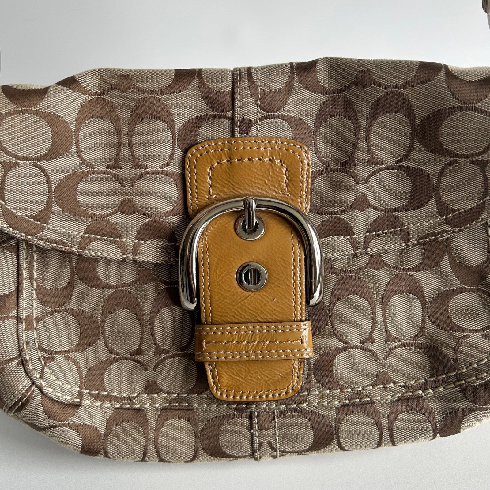 Coach Soho Signature Khaki Brown Canvas Leather Shoulder Bag Excellent