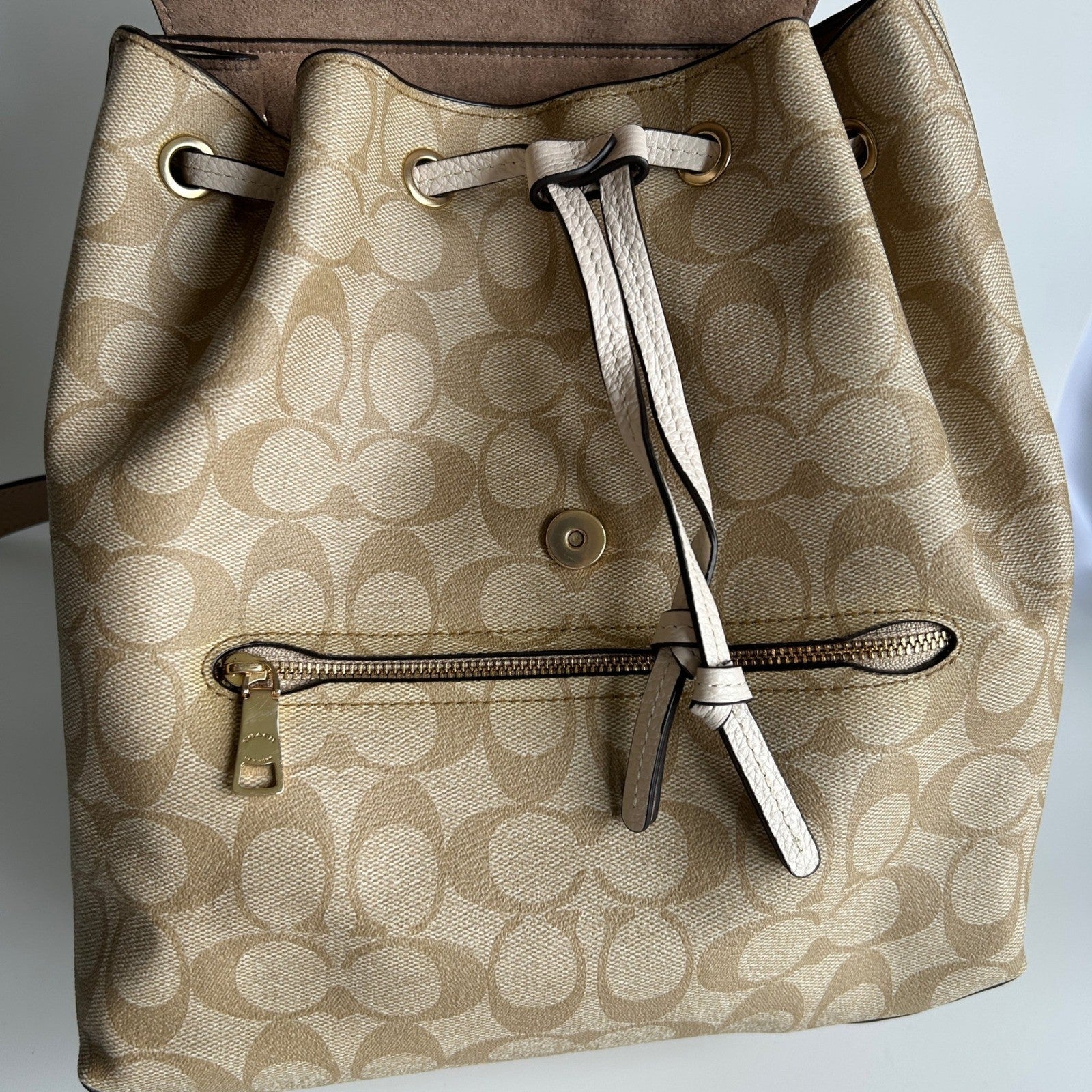 Coach Kleo Backpack Khaki Chalk Signature Canvas Leather CA426 Good