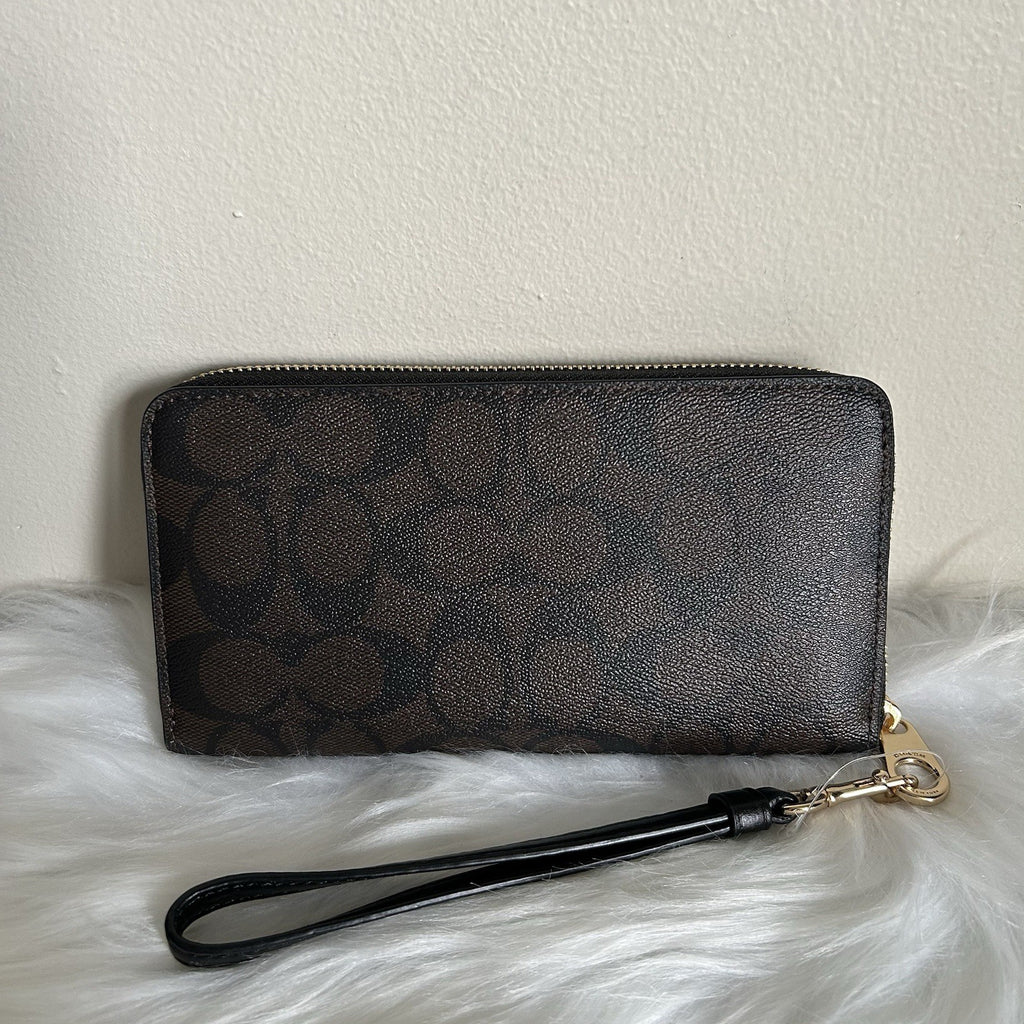 Coach Long Zip Around Wallet Brown Black Signature Canvas NEW
