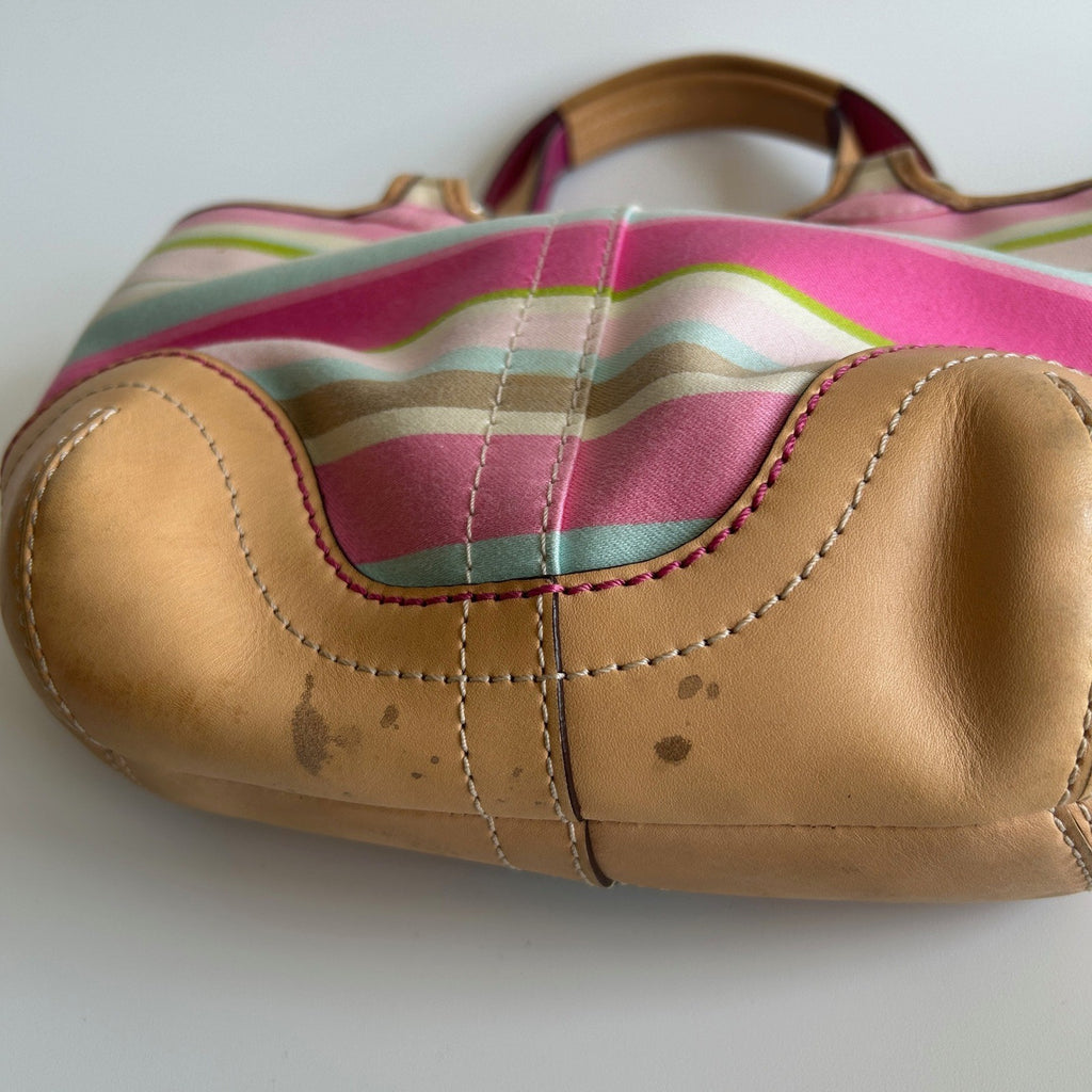 Coach Hampton Stripe Pink Canvas Leather Satchel Bag M053-1888 Fair