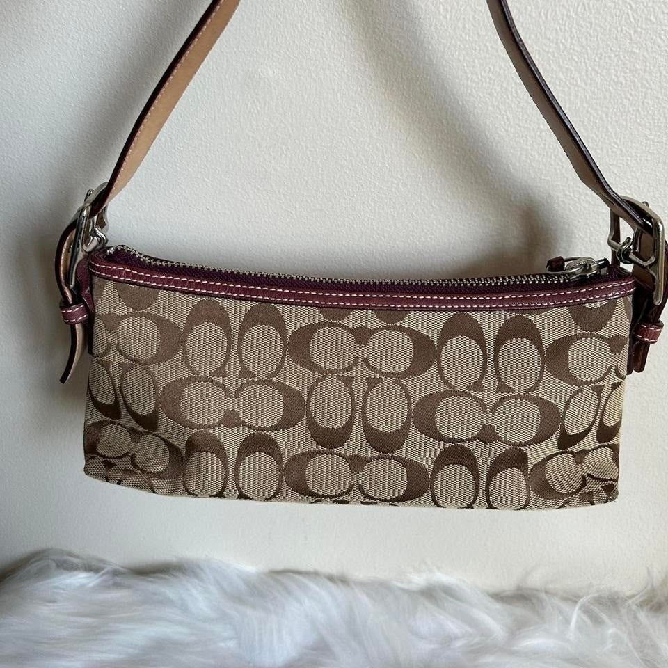 Coach Signature Stripe Demi Brown Pink Suede Canvas Baguette Bag Good
