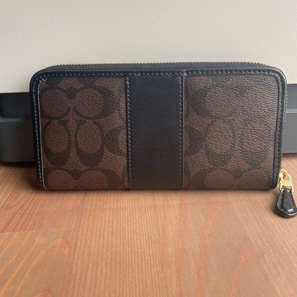 Coach Accordion Zip Wallet Brown Black Signature Canvas Excellent