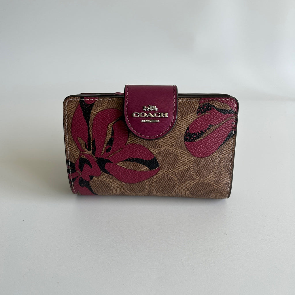 Coach Medium Corner Zip Wallet Khaki Fuchsia Floral Canvas Leather Excellent