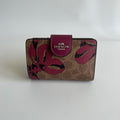 Coach Medium Corner Zip Wallet Khaki Fuchsia Floral Canvas Leather Excellent