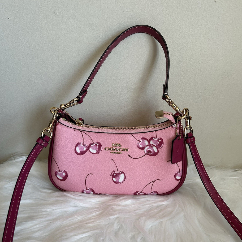 Coach Teri Cherry Print Pebbled Shoulder Bag Pink