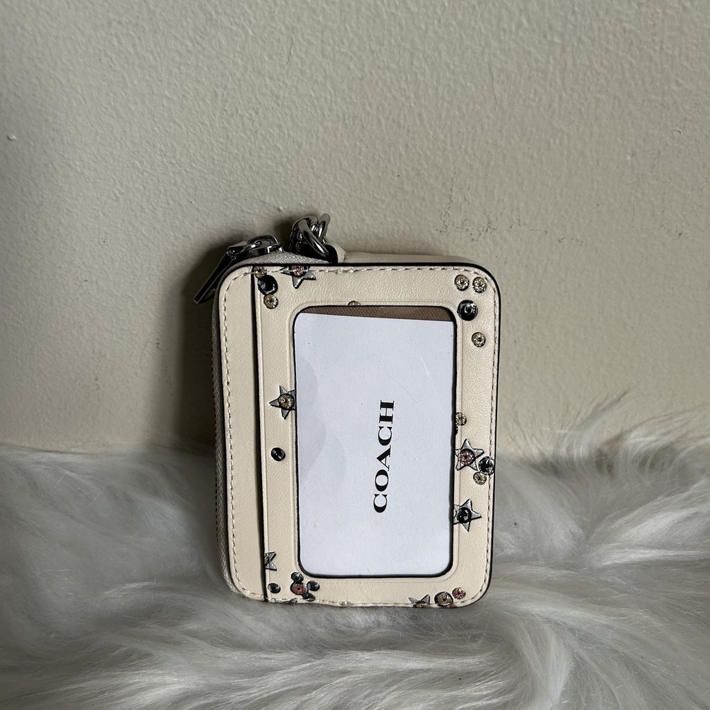 Coach Star Studded Zip Card Case Chalk White Leather Wallet Excellent
