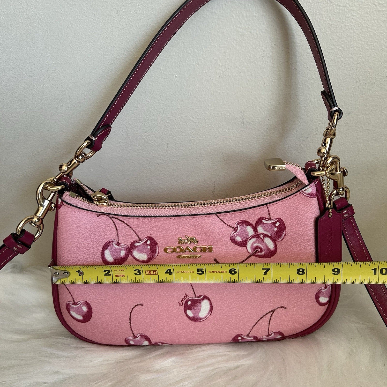Coach Teri Cherry Print Pebbled Shoulder Bag Pink