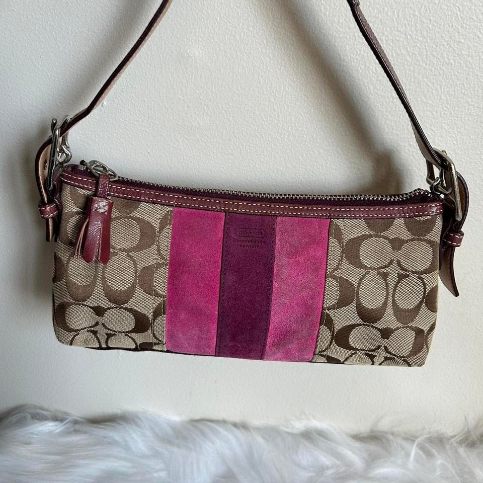 Coach Signature Stripe Demi Brown Pink Suede Canvas Baguette Bag Good