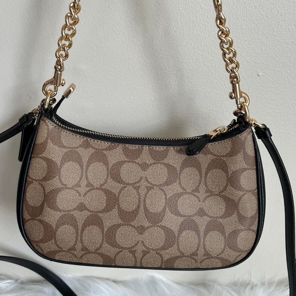 Coach Teri Hobo Khaki Signature Canvas Leather Shoulder Bag Excellent