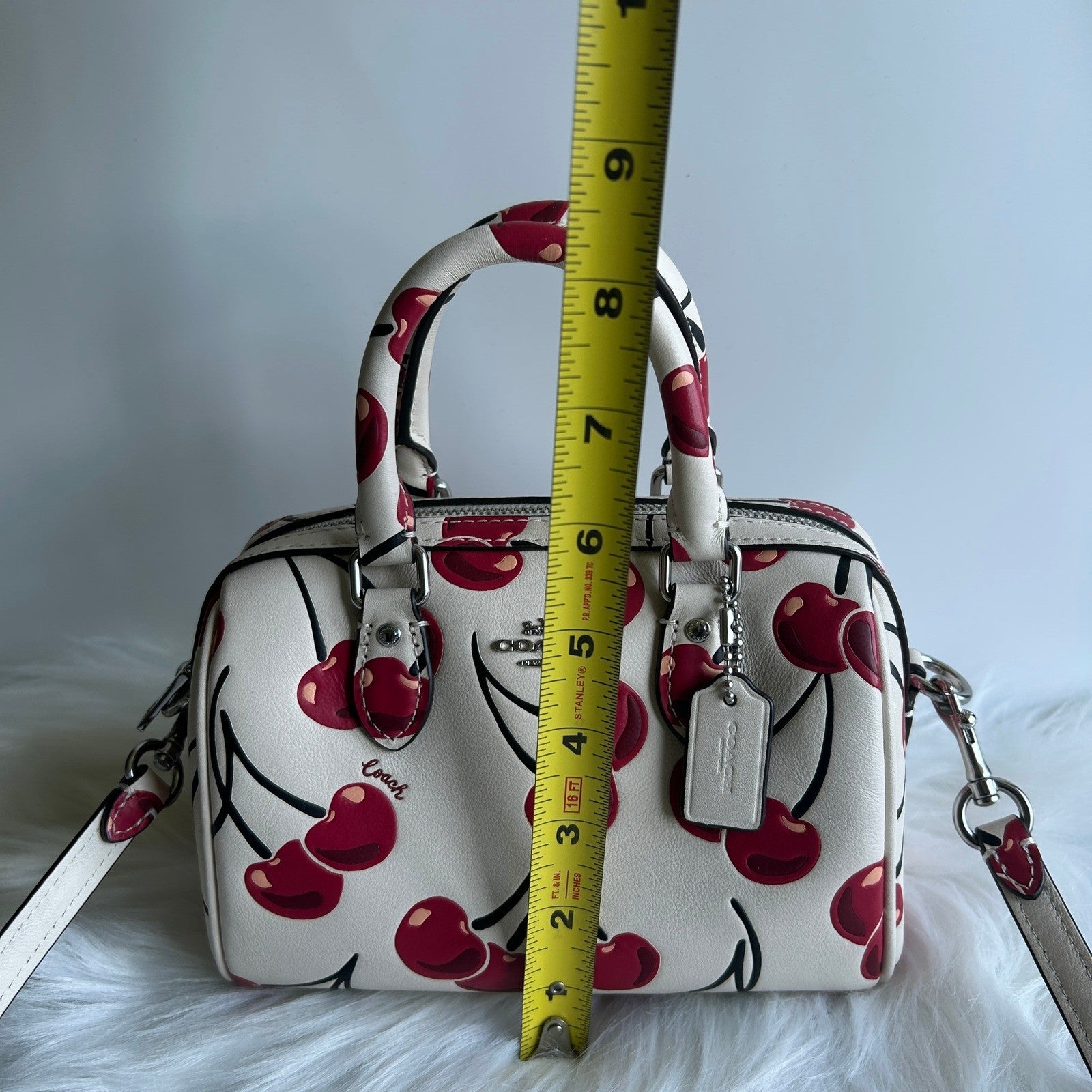 Coach Mini Rowan Satchel Chalk White Cherry Print Leather Crossbody Excellent