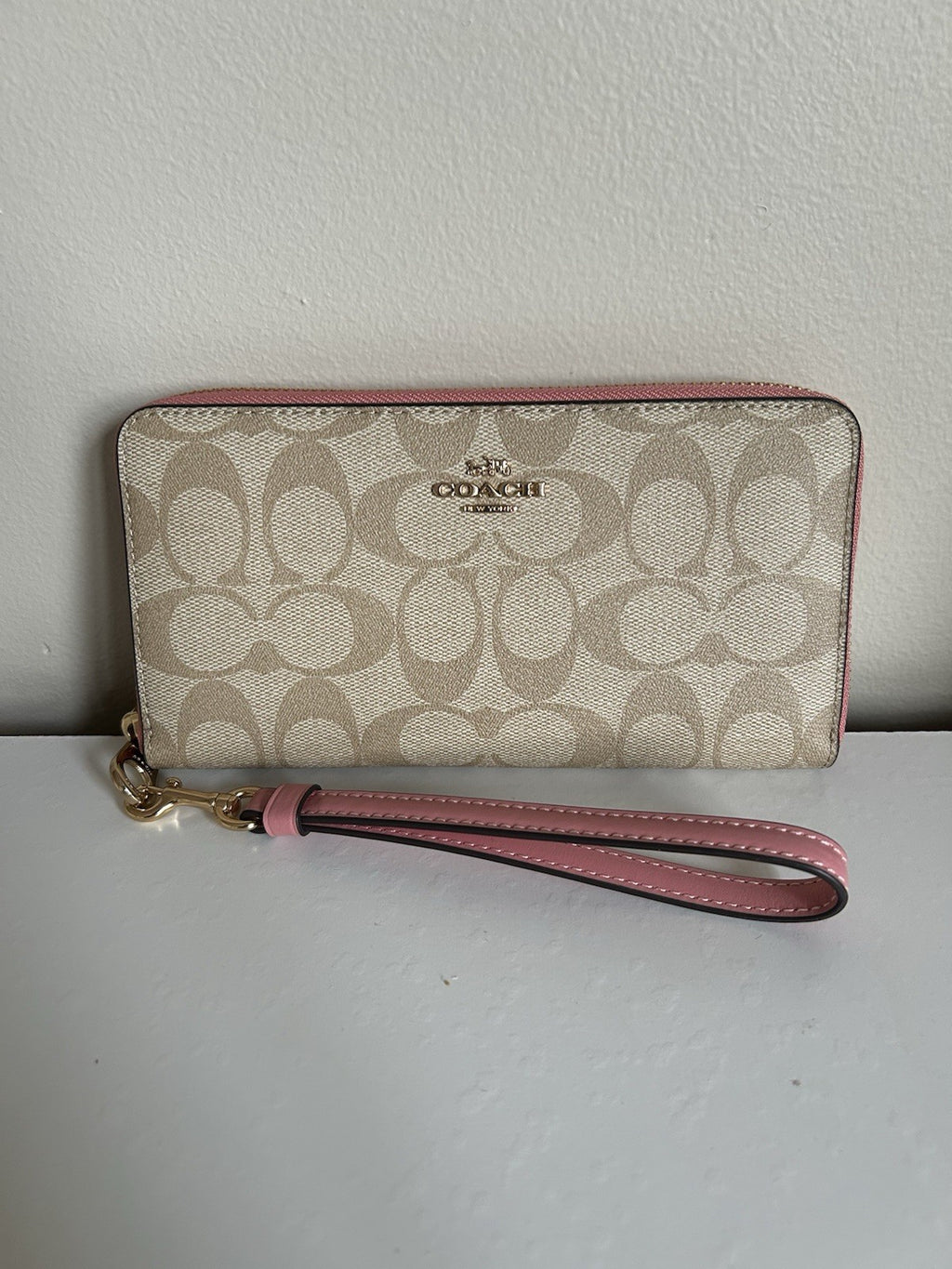 Coach Signature Long Zip Around Wallet Khaki Pink Canvas New C4452