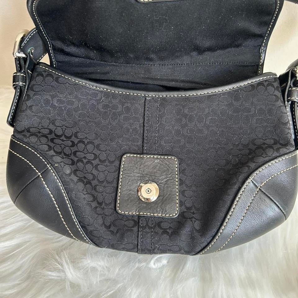 Coach Soho Black Signature Canvas Leather Flap Shoulder Bag Excellent