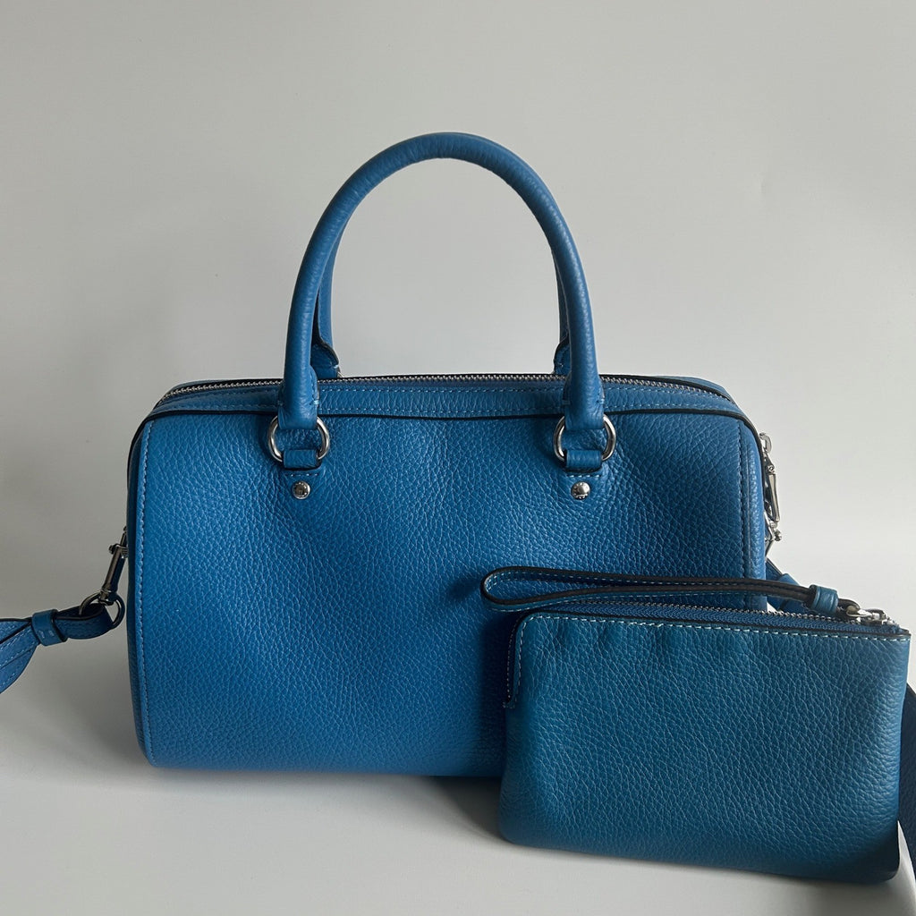 Coach Peanuts Rowan Blue Pebbled Leather Satchel Excellent