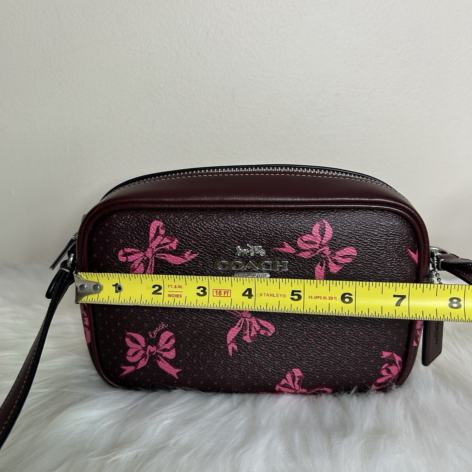 Coach Jamie Camera Bag Brown Pink Bow Coated Canvas Crossbody Excellent