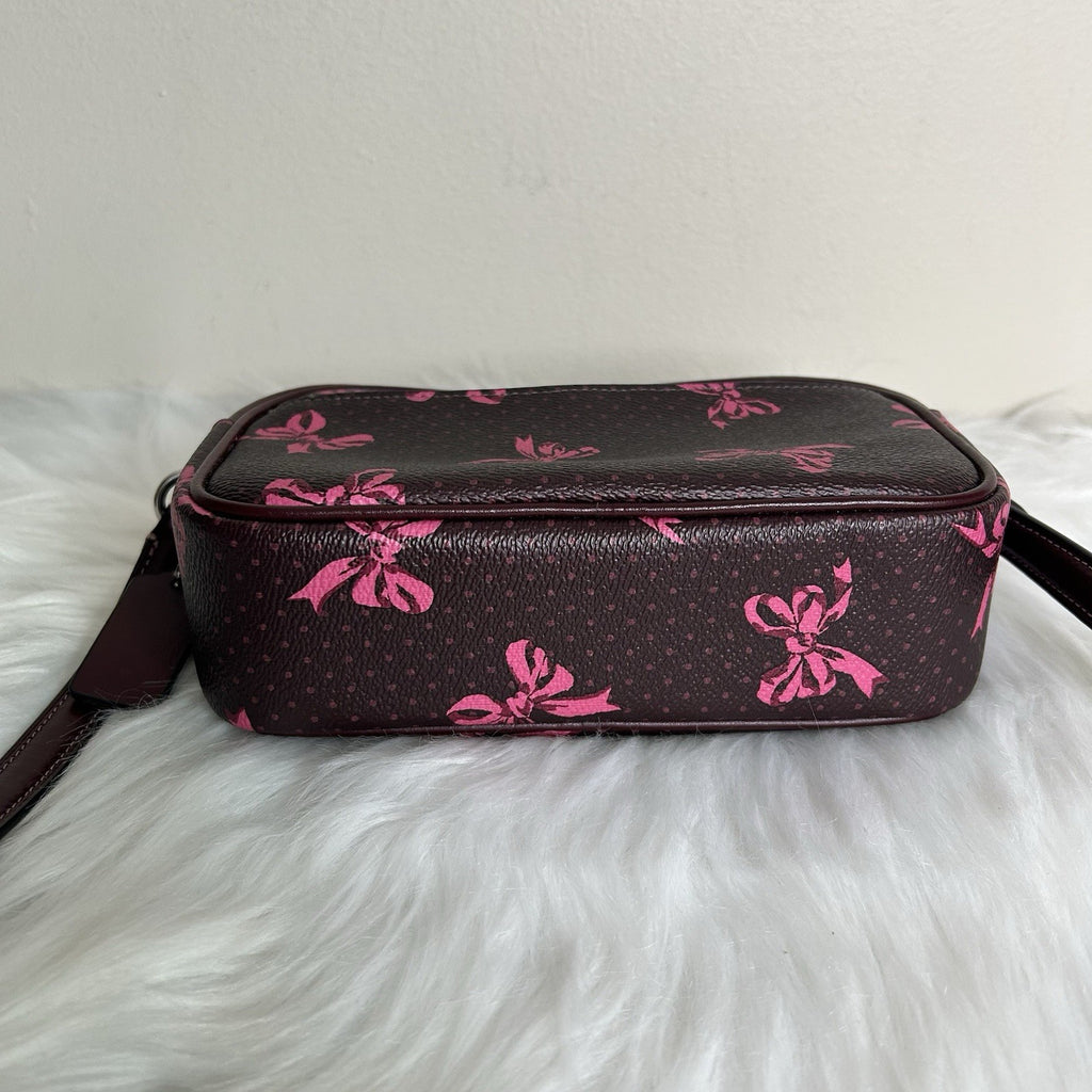 Coach Jamie Camera Bag Brown Pink Bow Coated Canvas Crossbody Excellent