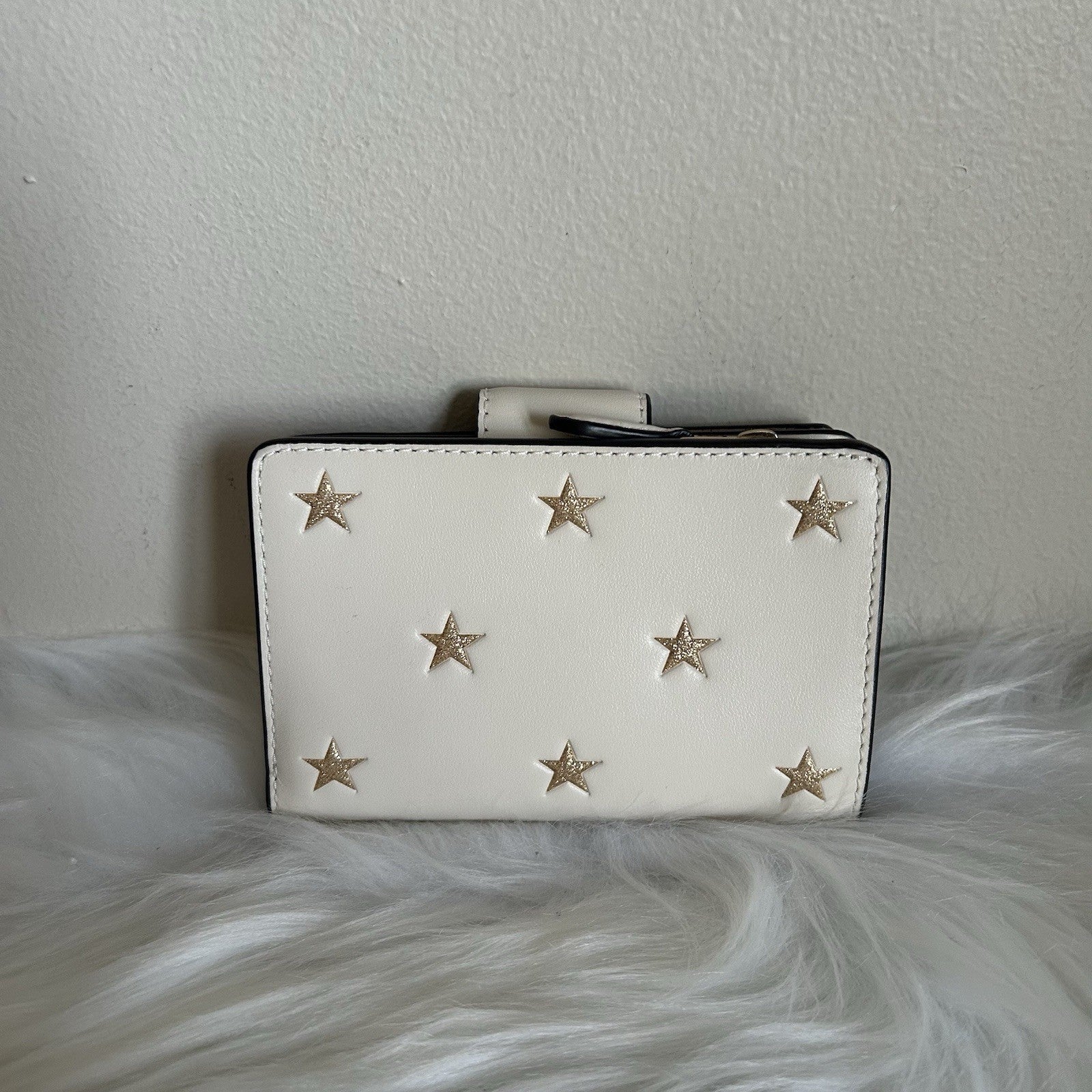 Coach Medium Corner Zip Wallet Chalk White Gold Glitter Star Bifold Leather